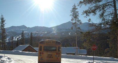 School bus on sunny day near Breckenridge Ski Resort in Breckenridge, Summit County, Colorado.